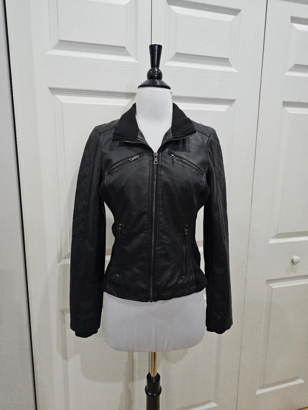 Therapy Lane Crawford Black Quilted Faux Leather Bomber Knit Zip Jacket Coat S - Picture 9 of 11